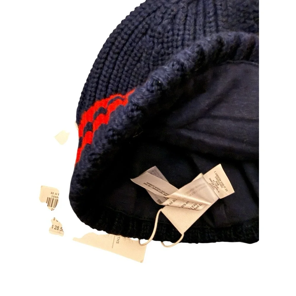 NWT Janie and Jack Beanie Hat 6-12 Months Baby Knit Navy Red Stripe Lined Cotton